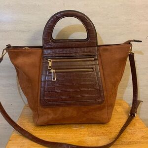 Brown Croc-Embossed Shoulder Bag with Suede Accents